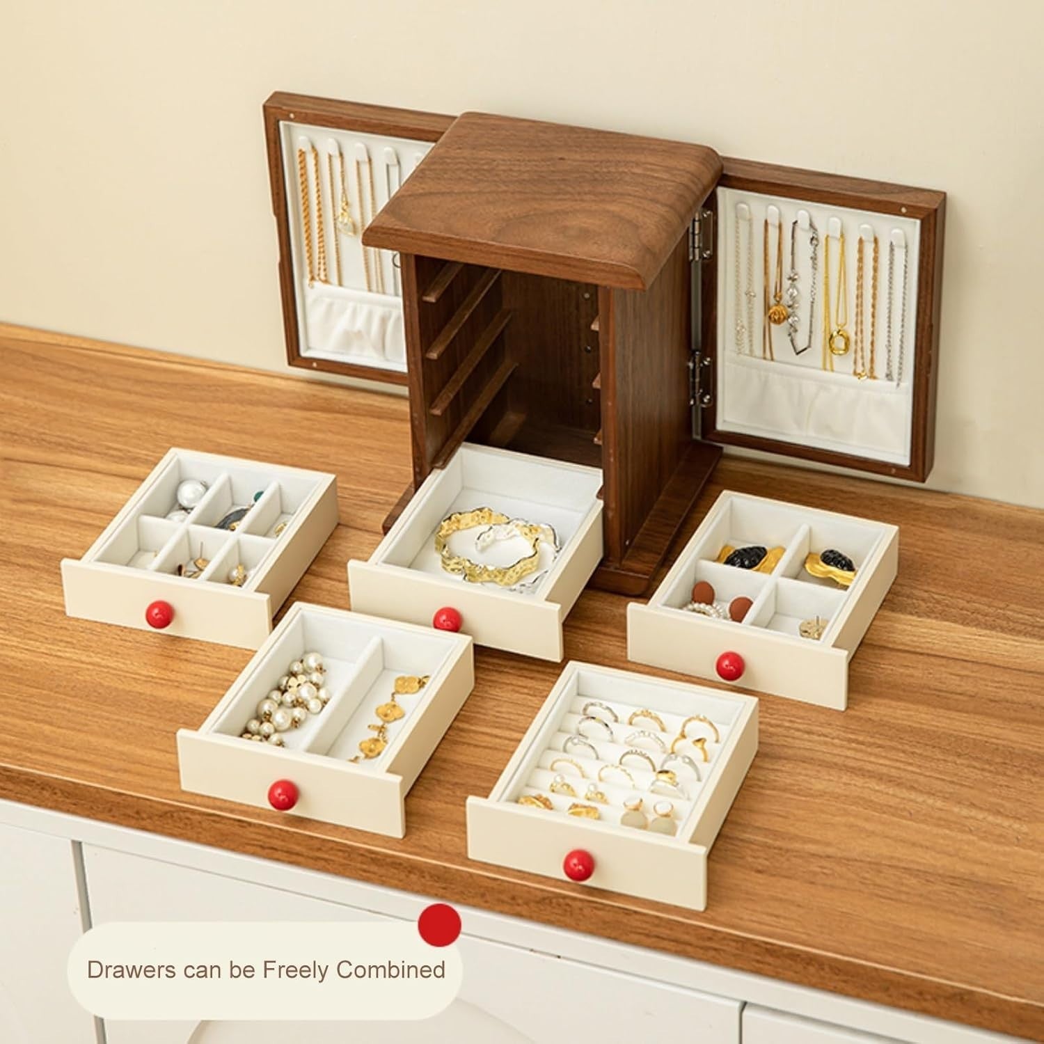 Retro Wooden Jewelry Organizer Box Multi Layer Drawer Magnetic Door