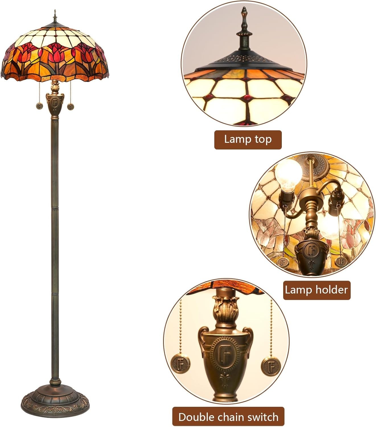 Red Tulip Stained Glass Floor Lamp with Vintage Bronze Base & Foot Switch