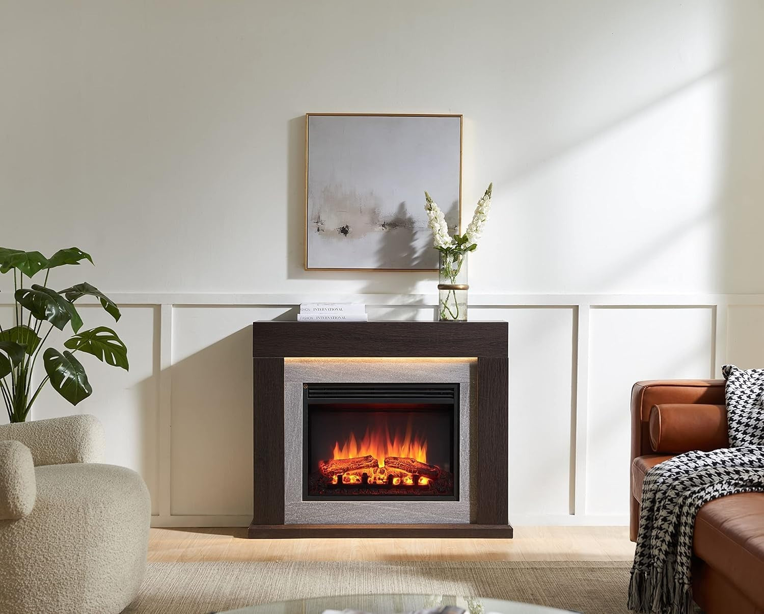 39" Electric Fireplace Heater Espresso Oak Surround, Remote & LED Flames