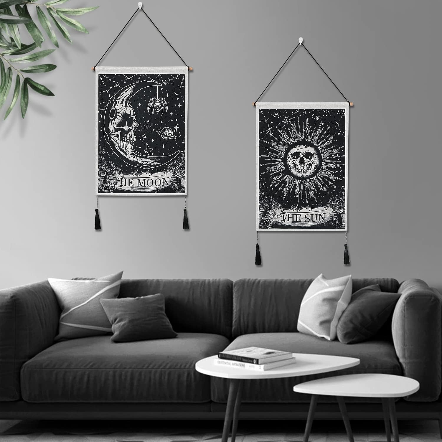 Pack of 2 Moon & Sun Skull Tapestries Boho Wall Decor Dark/White