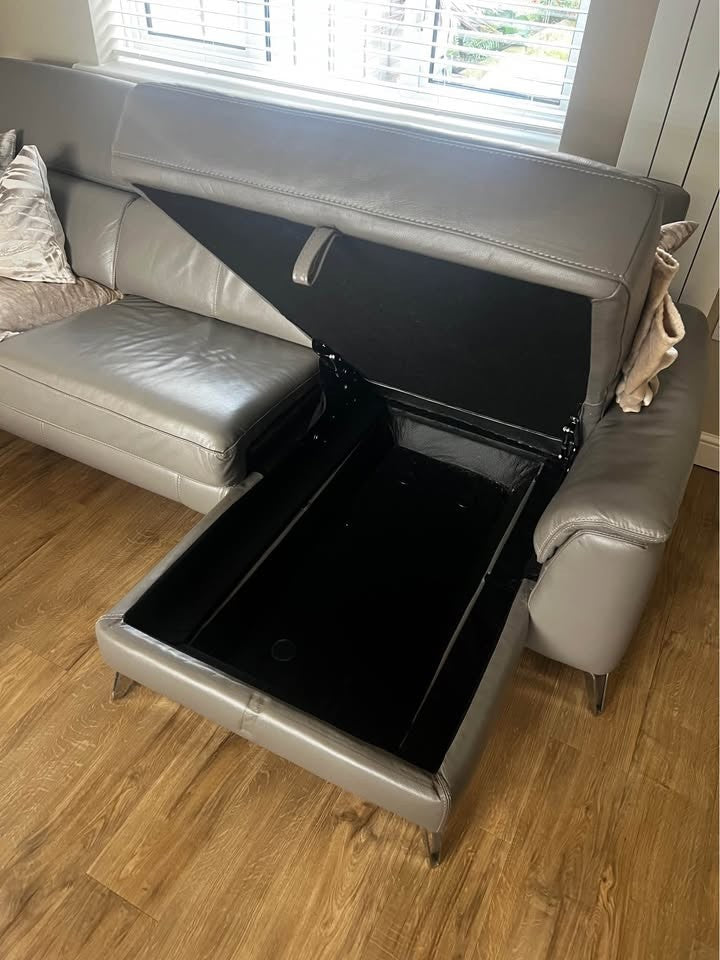 Grey Leather Corner Sofa Bed + Storage (PTP)