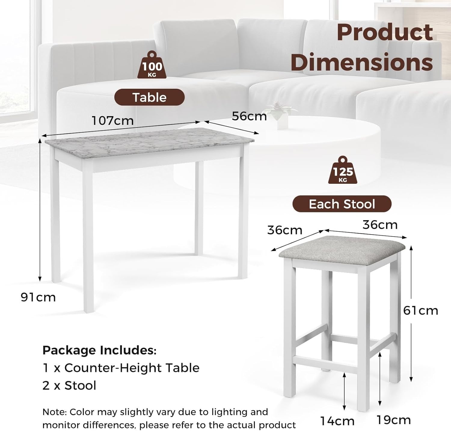 3-Piece Bar Table Set with 2 Stools, Compact Breakfast Bar with Cushioned Seats