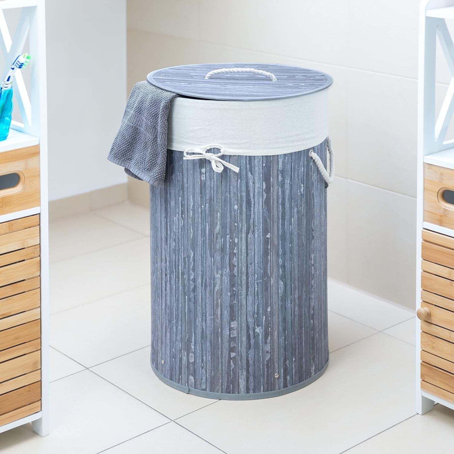 Grey Round Bamboo Laundry Basket 80L with Lid & Cotton Liner Foldable 65×41cm