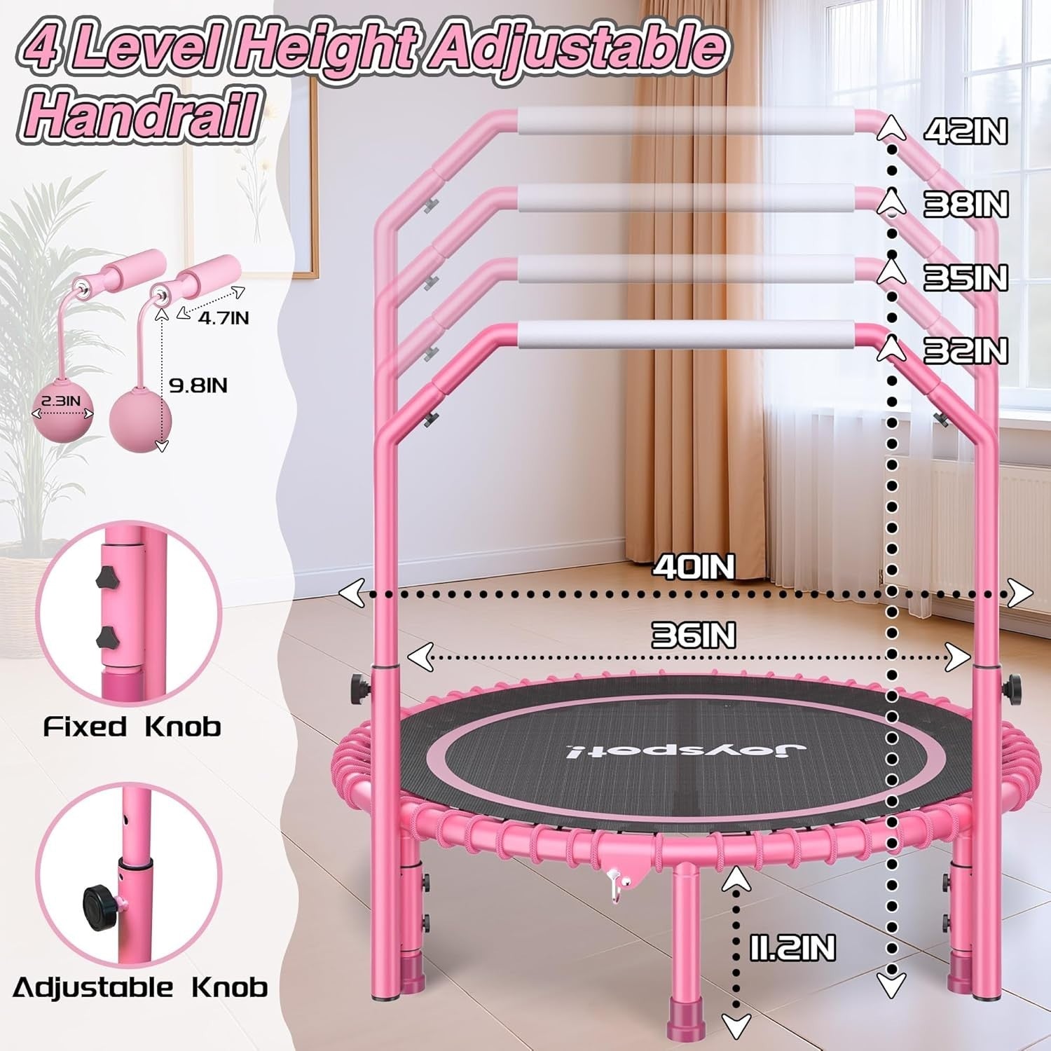 40in Foldable Fitness Trampoline Rebounder Adjustable Handle 450LBS