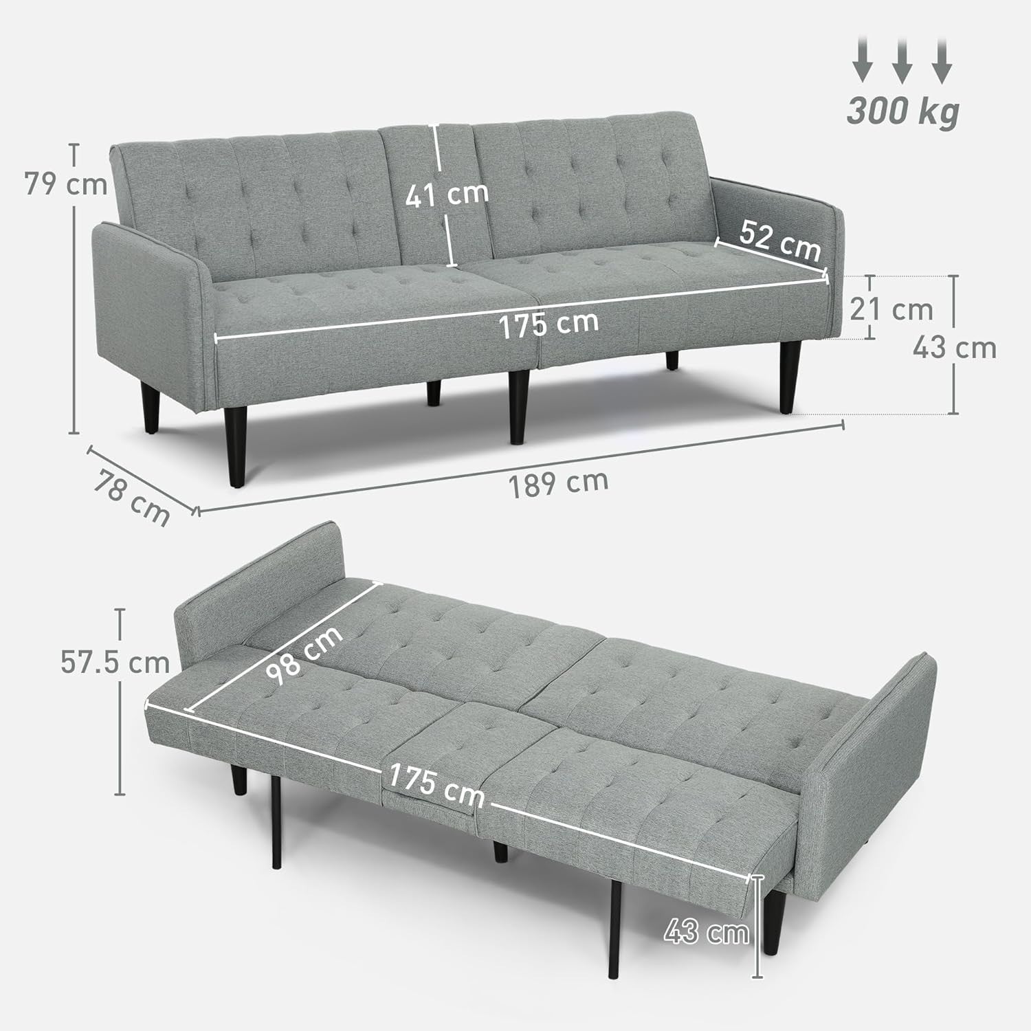 Click Clack Sofa Bed 3 Seater Light Grey Linen Couch w/ Cup Holders