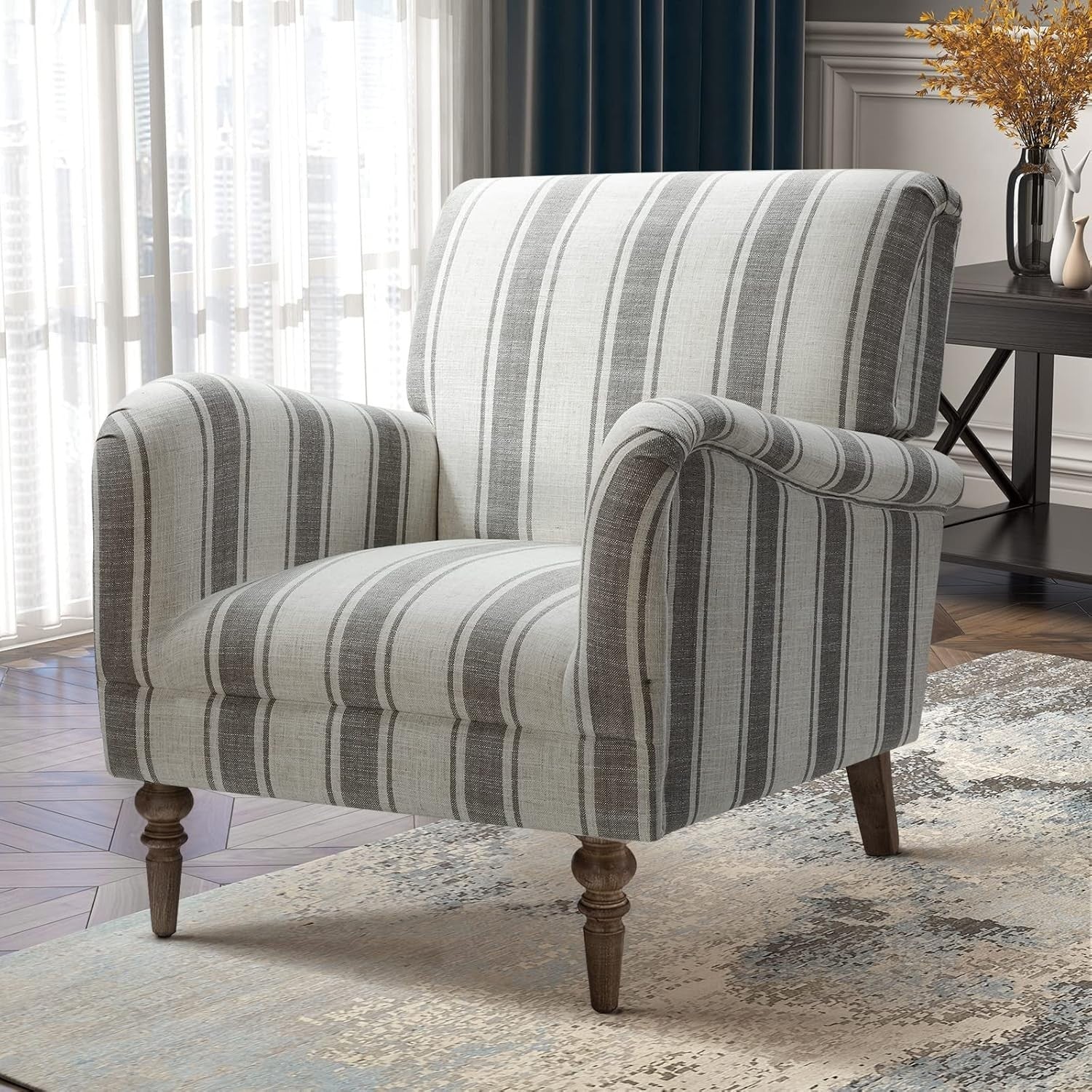 Striped Upholstered Armchair with Wooden Legs for Lounge or Bedroom Grey