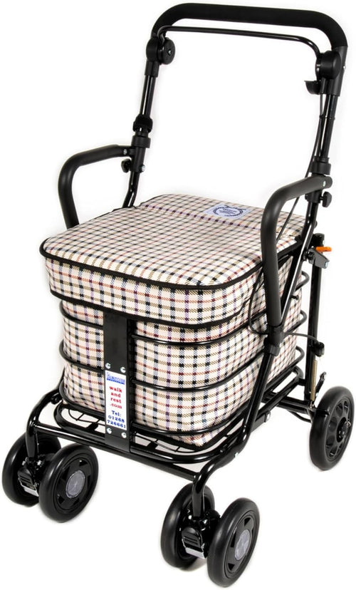 Walking Shopping with Seat Foldable Mobility Cart Stable Wheels Tartan
