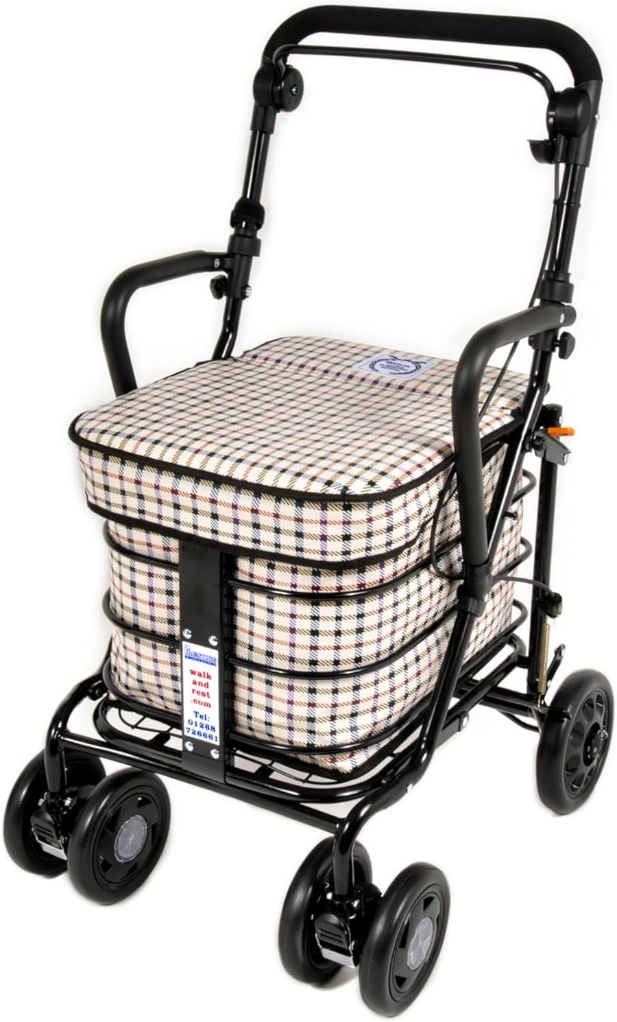 Walking Shopping with Seat Foldable Mobility Cart Stable Wheels Tartan