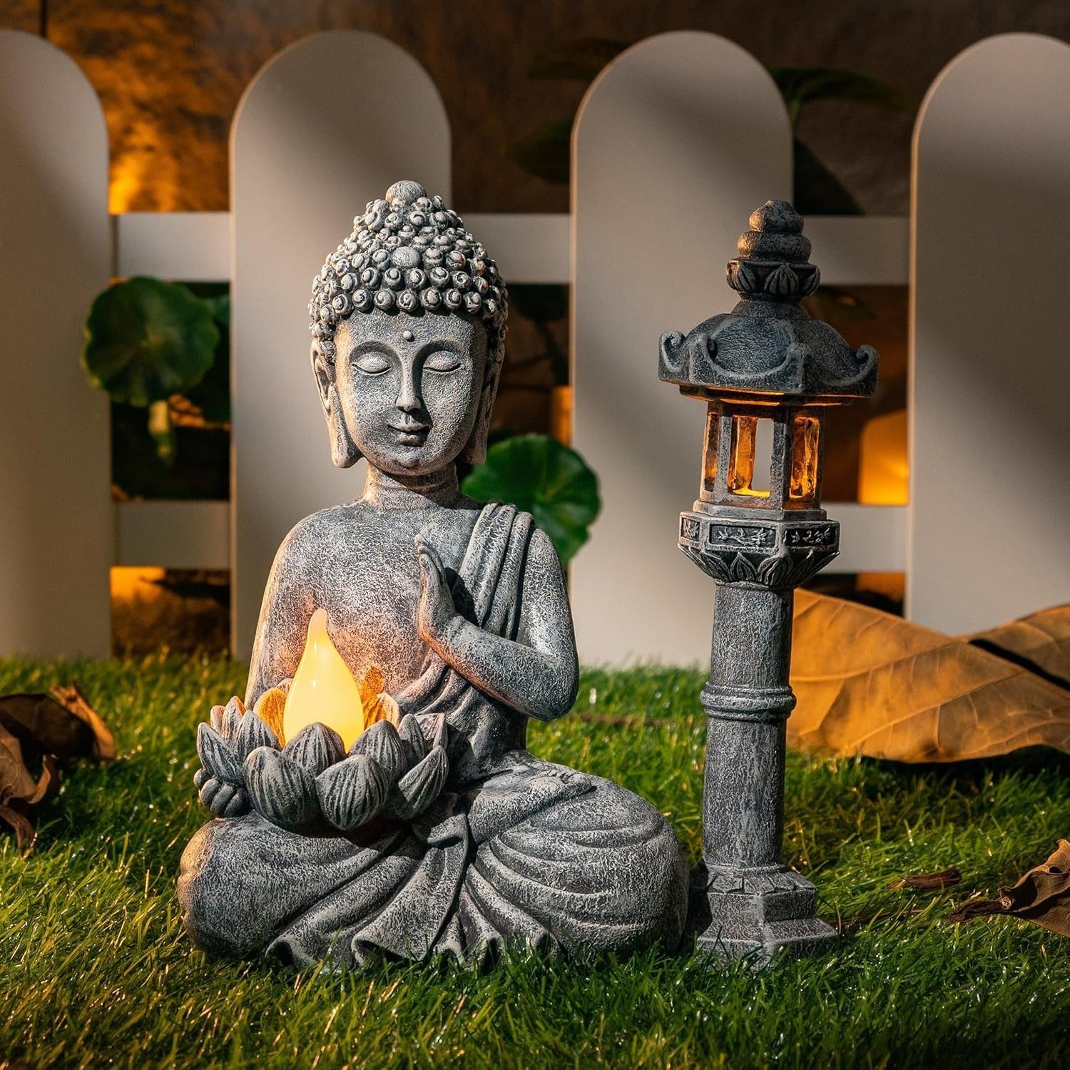Meditating Buddha Statue with Solar Light Pagoda Set Outdoor Garden Decor Resin