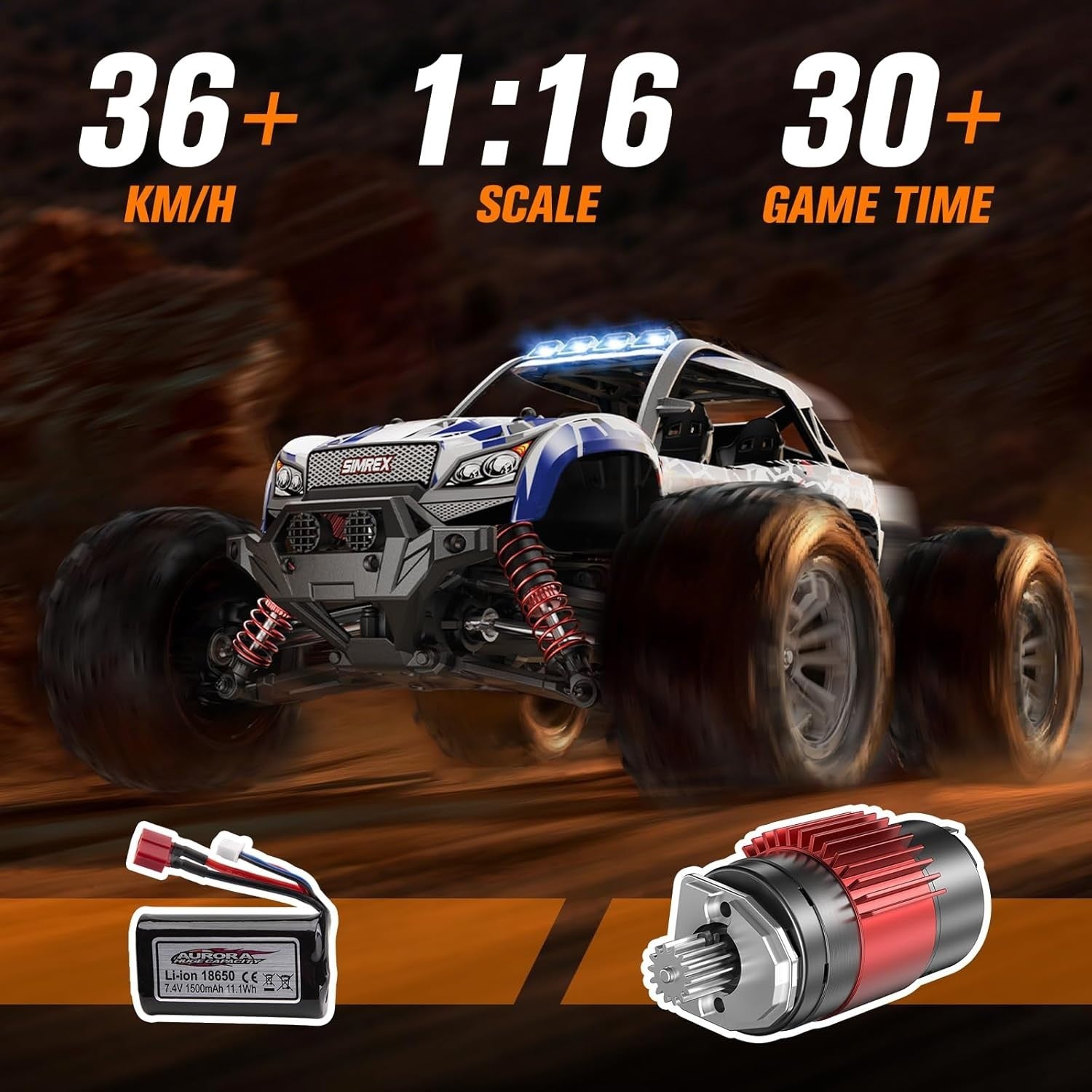 1:16 4WD RC Car 36KPH – High-Speed Off-Road Truck, LED Lights, All-Terrain Toy