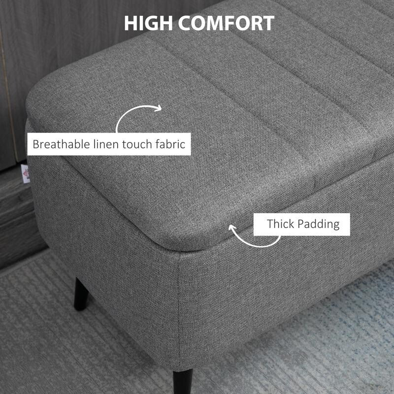 Grey Storage Ottoman Bench Flip Top Upholstered Seat Linen Fabric 102cm