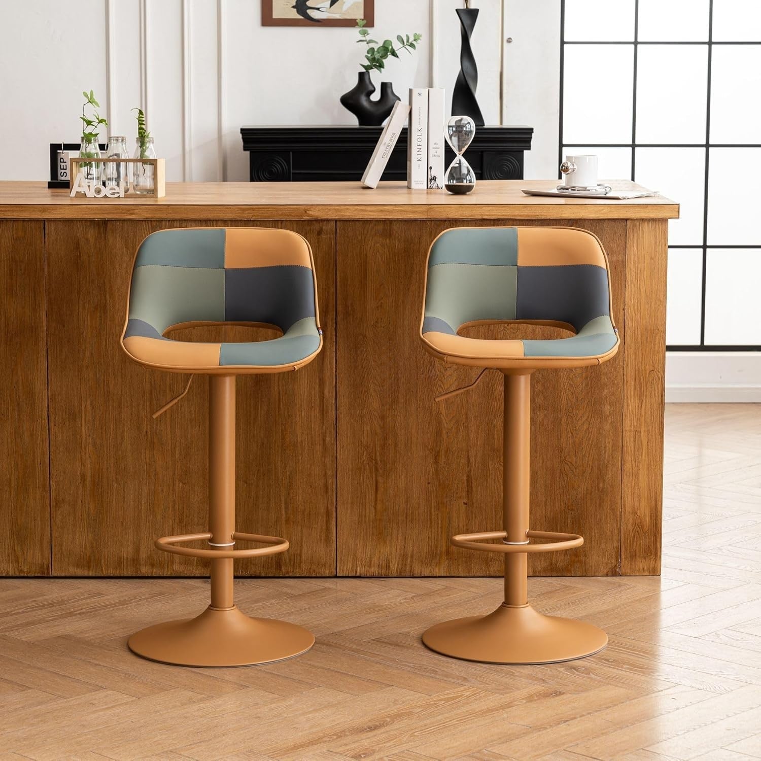 Adjustable Swivel Bar Stools 2pcs Faux Leather Counter Height Tan