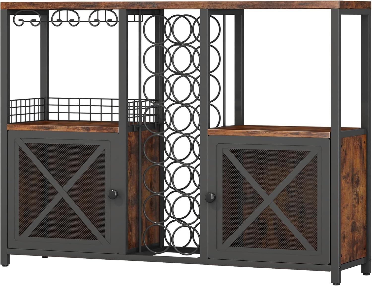 Rustic Home Bar Cabinet with Wine Rack, Glass Holder & Storage Shelves Sideboard