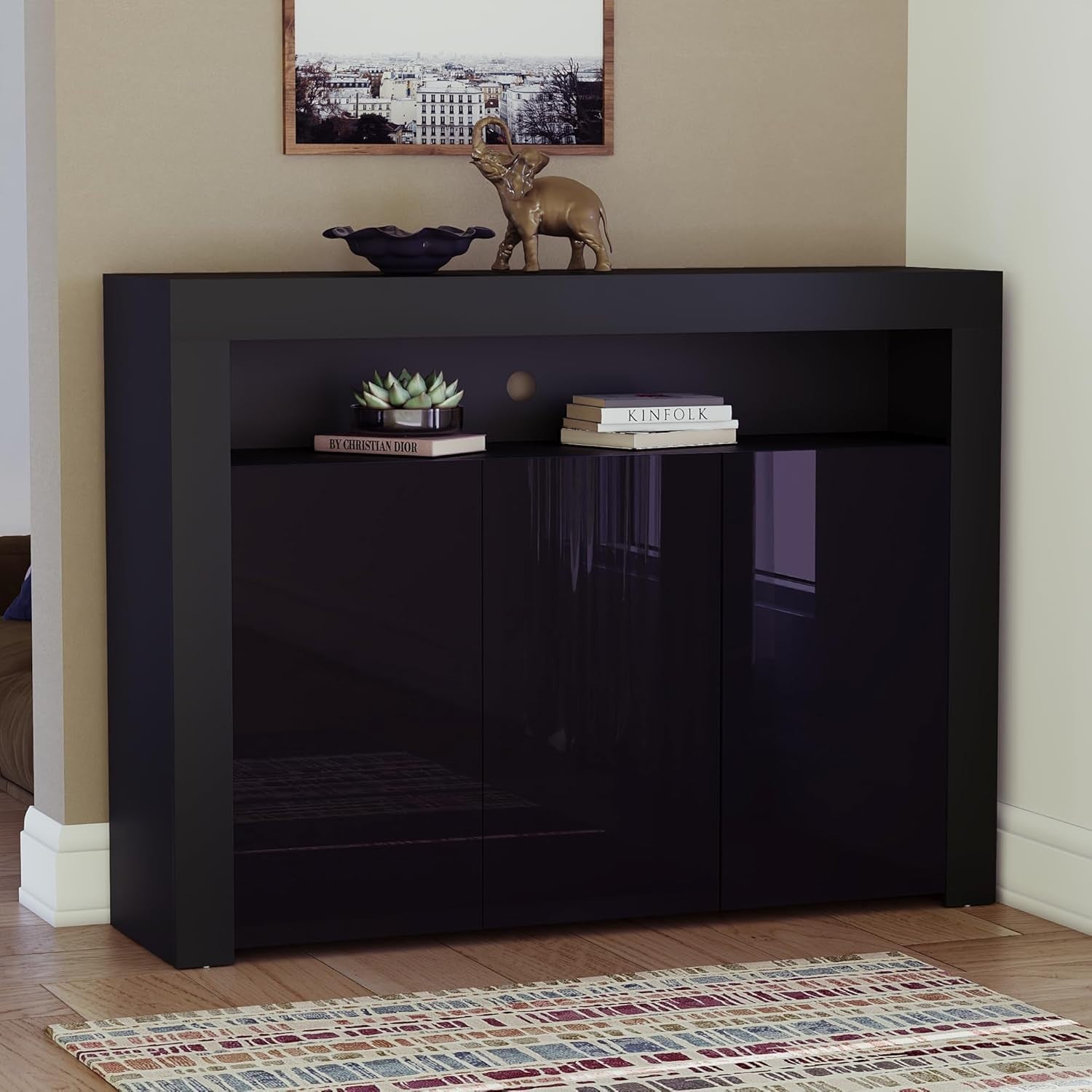 Modern Black LED Sideboard 3 Doors 3 Drawers RGB Lighting Storage Cabinet