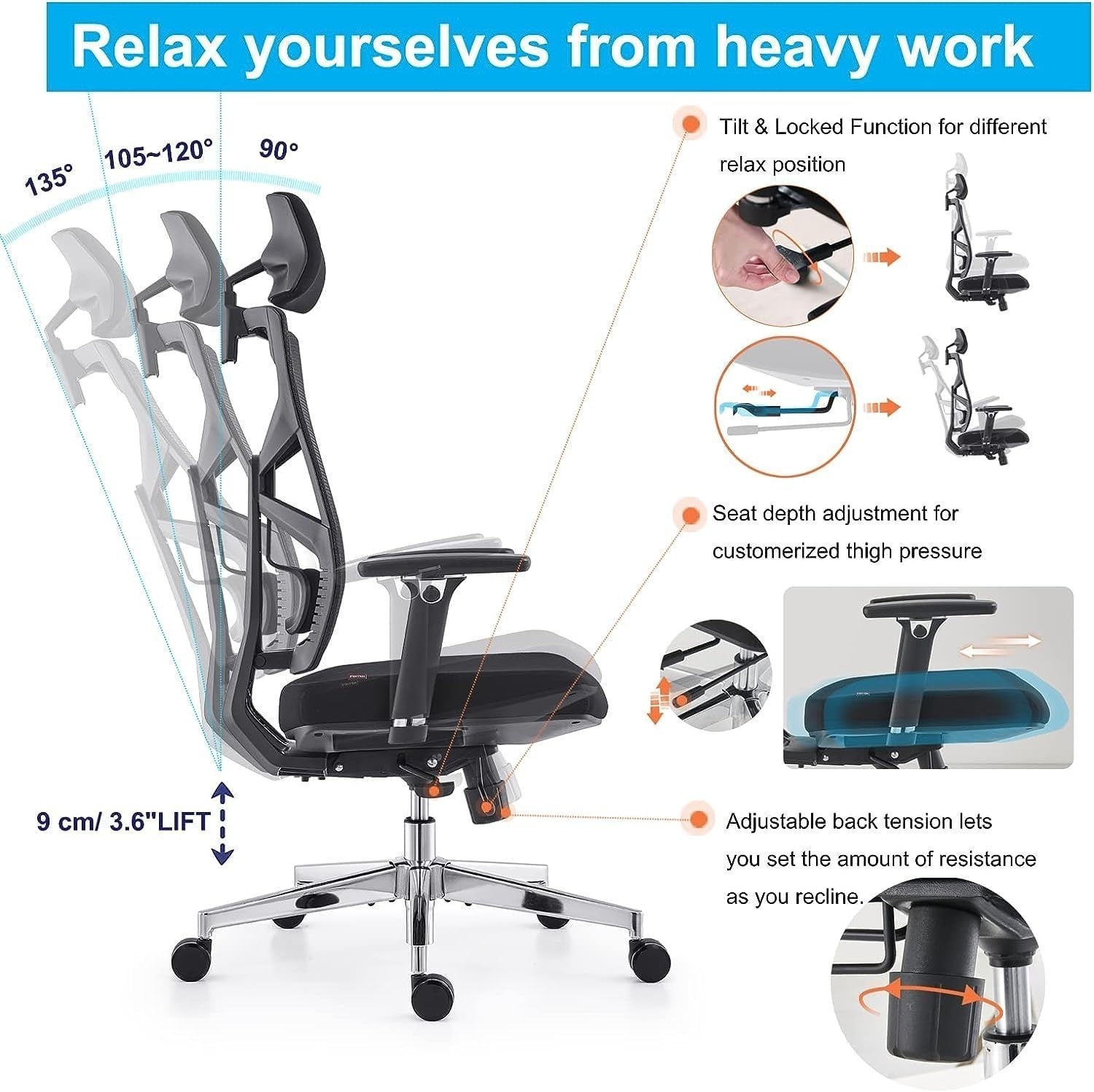 Ergonomic Office Chair Mesh Back High-Back Adjustable Lumbar Support Swivel Desk