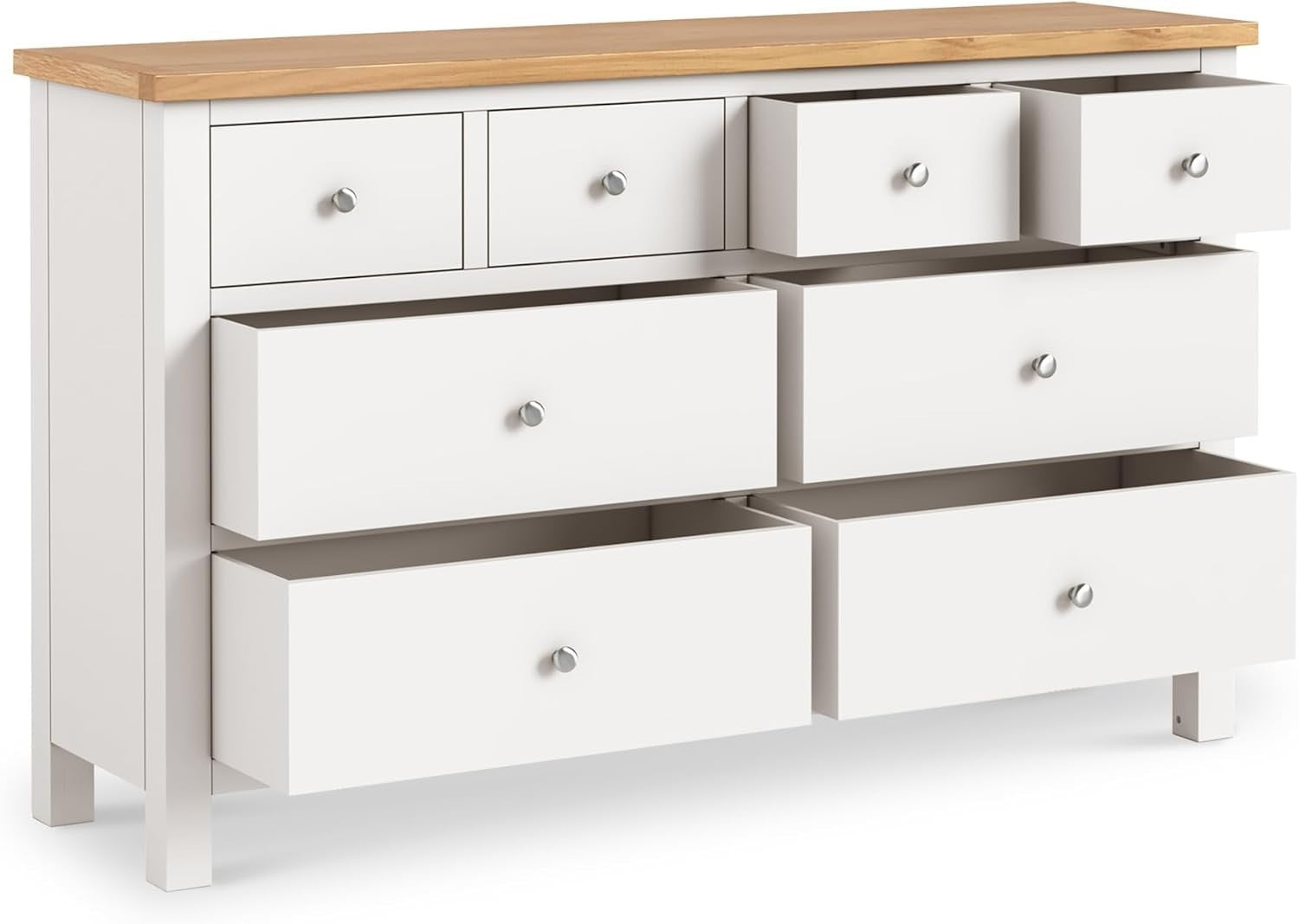 White 8 Drawer Chest with Oak Top – Large Solid Wood Bedroom Storage Unit