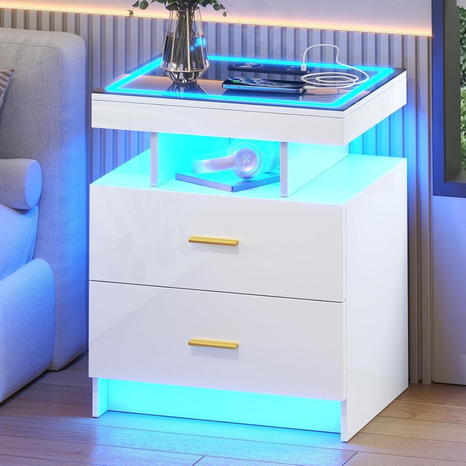 White LED Bedside Table with Wireless Charging, Glass Top & 2 Drawers Modern