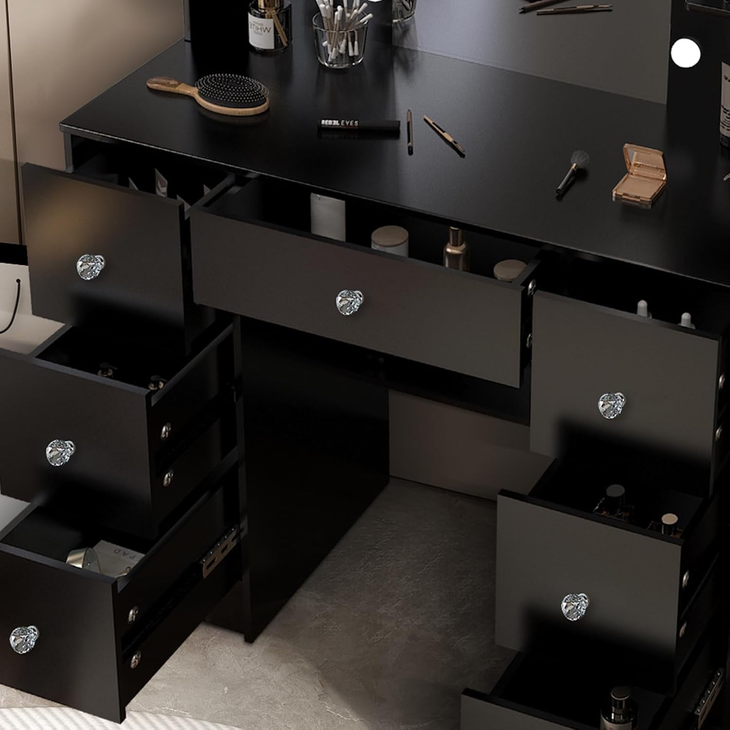 Makeup Vanity Table Set w/ 3-Color LED Lights, 12 Storage Spaces & Padded Stool