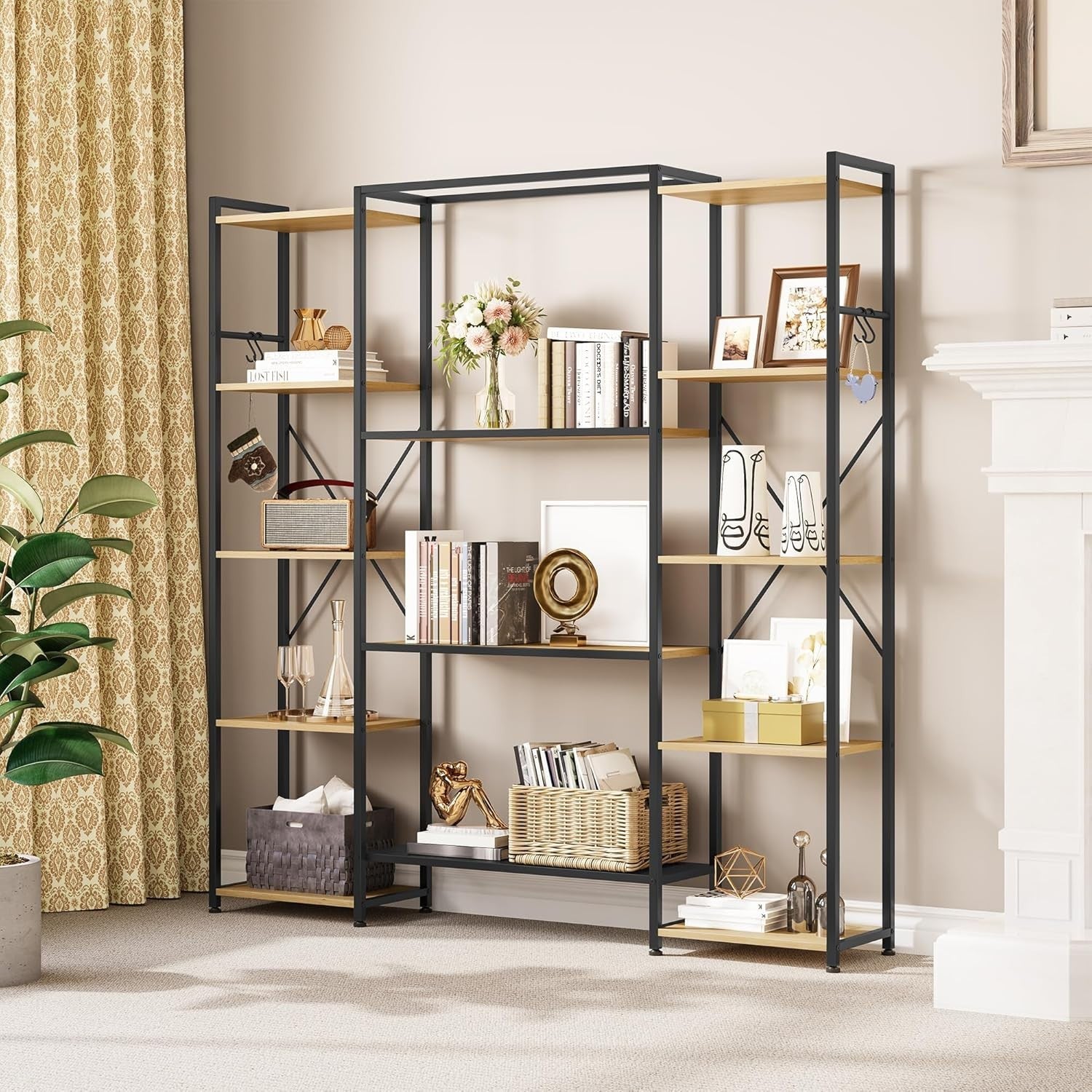 13 Shelf Industrial Bookcase Oak Metal & Wood Storage Display Rack