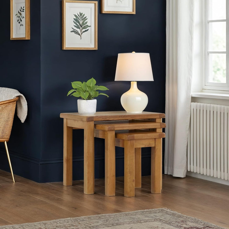 Oak Nest of 3 Side Tables Set Solid Wood Waxed Finish Rectangular Living Room