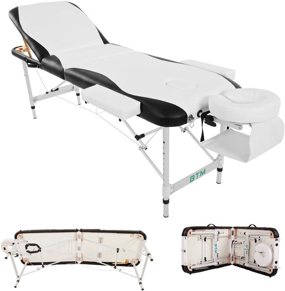 Portable Aluminium Massage Table 3-Section Adjustable Therapy Bed Headrest White