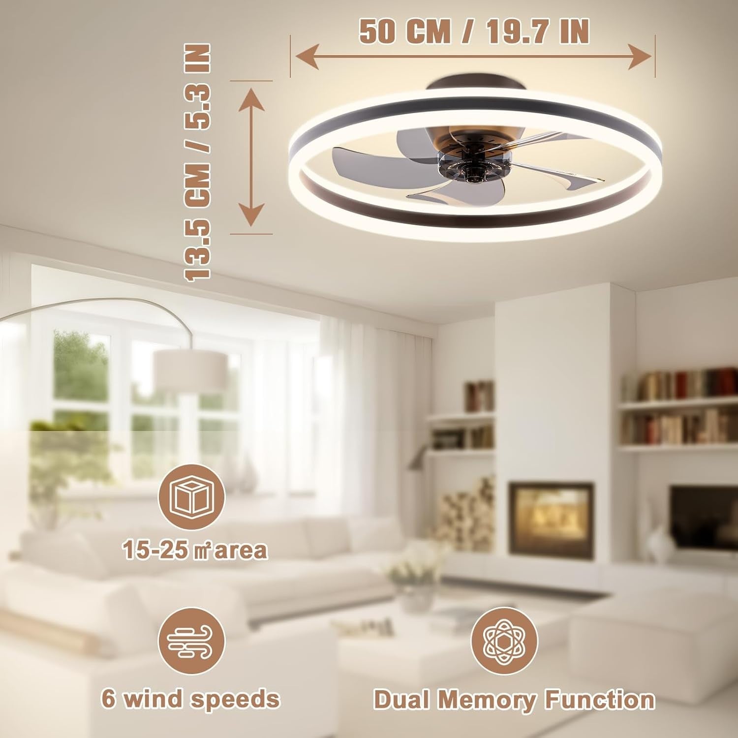 53cm Ceiling Fan with Light, 6 Speeds, Dimmable, APP & Remote
