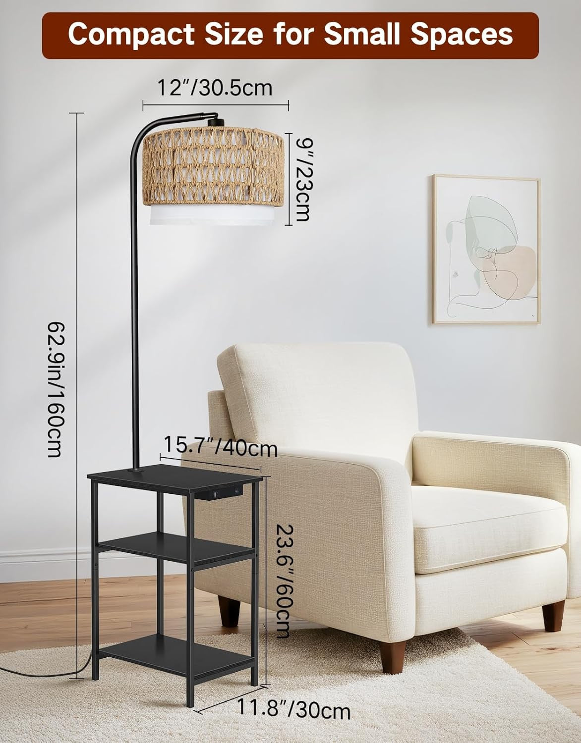 Floor Lamp with Table & Rattan Shade, Dimmable LED, USB Charging, Black