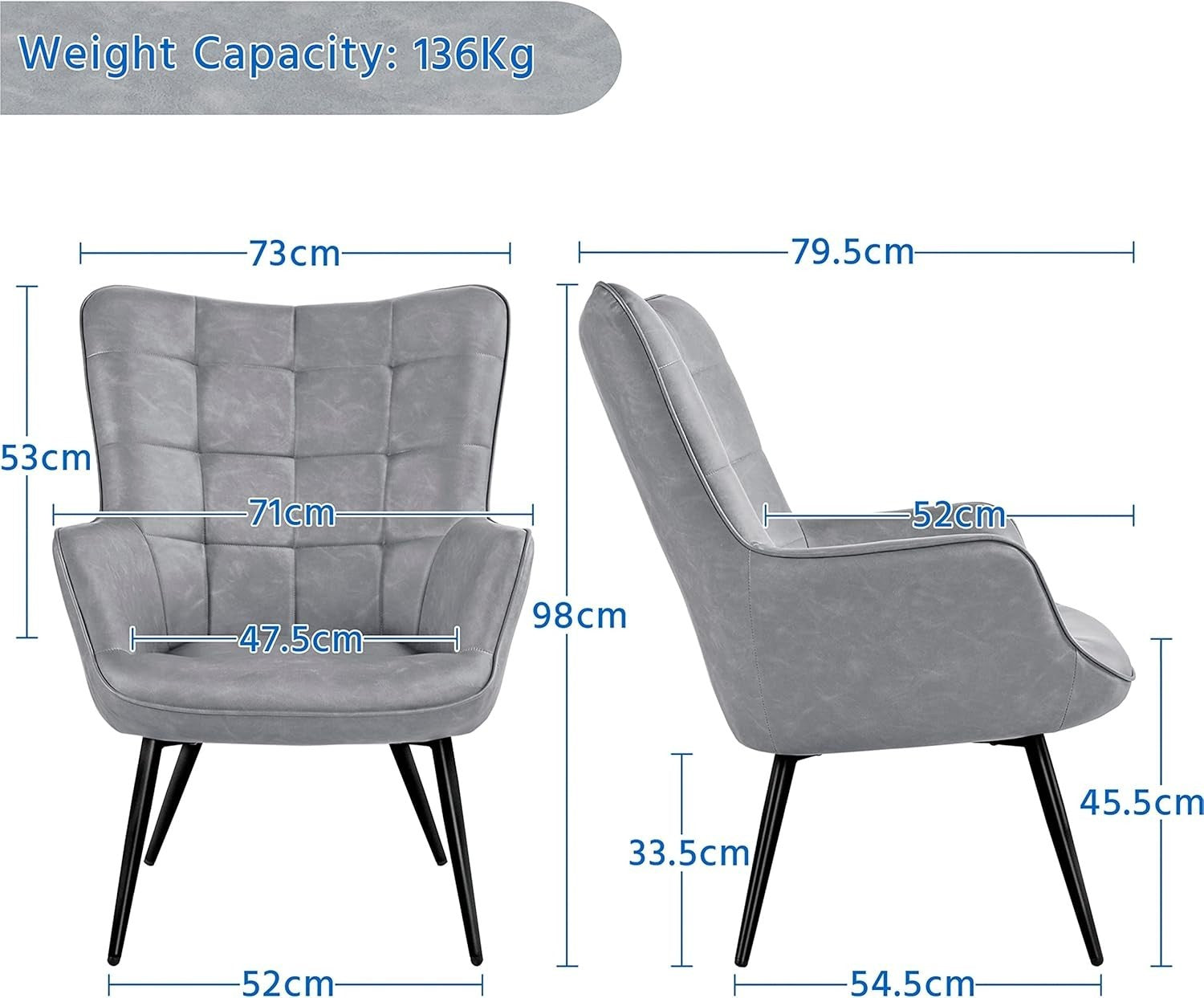 Modern Gray Faux Leather Accent Chairs - High Back, Wingback Armchairs x2