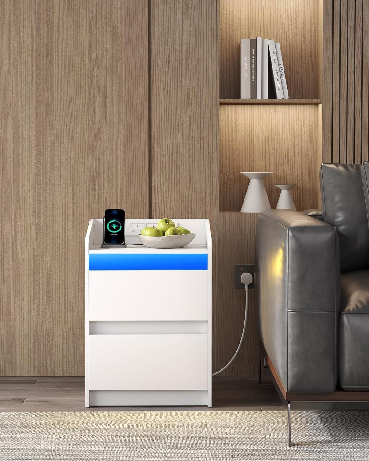 Set of 2 LED Bedside Tables with USB Charging Station Modern White Drawers