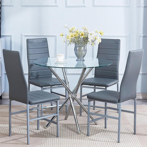 Round Glass Dining Table Set  of 4 Grey Faux Leather Chairs Compact Kitchen