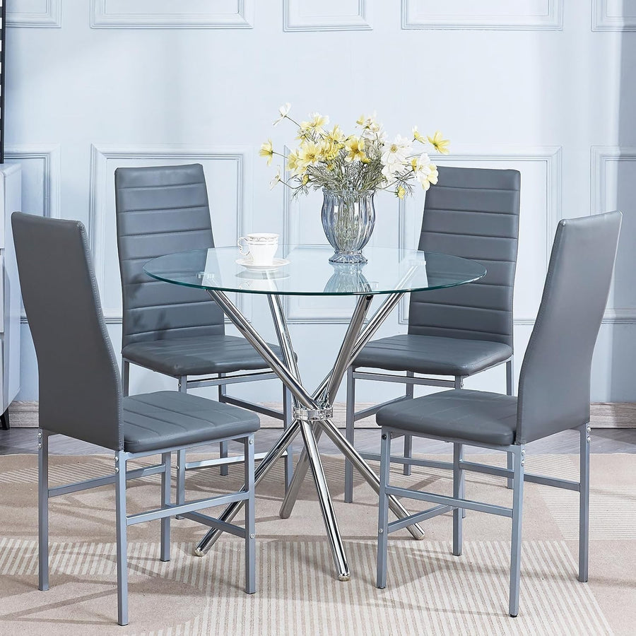 Round Glass Dining Table Set  of 4 Grey Faux Leather Chairs Compact Kitchen