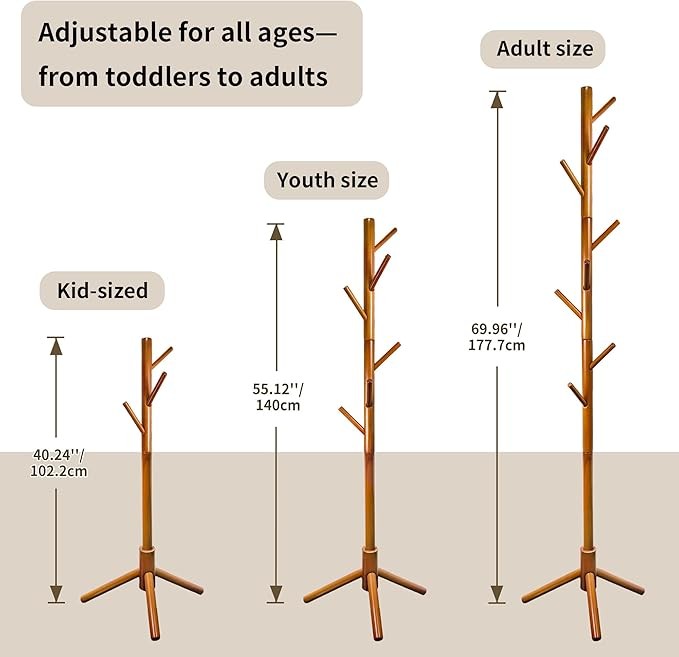 Brown Bamboo Coat Rack Freestanding 8 Hooks | Adjustable Wooden Hall Tree Stand