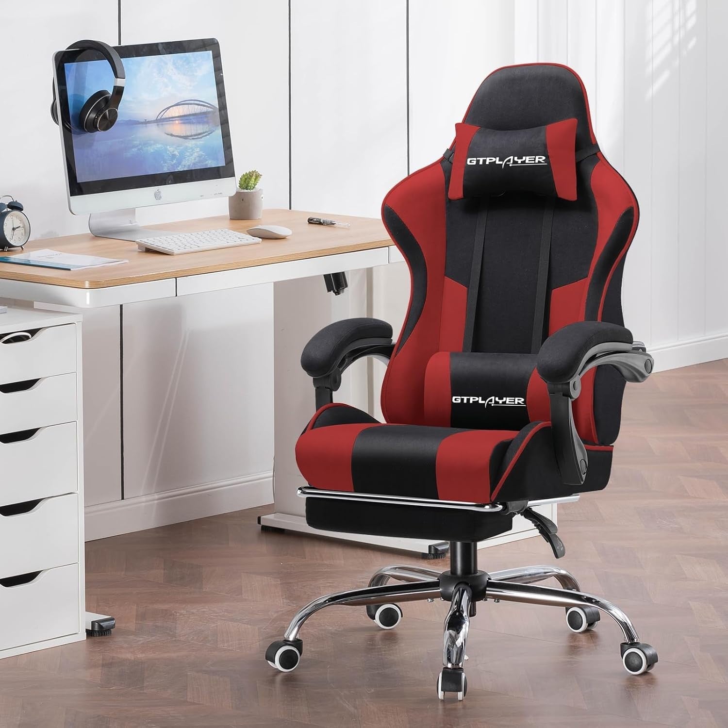 Gaming Chair Ergonomic Fabric Massage Lumbar Support Reclining Footrest Office D