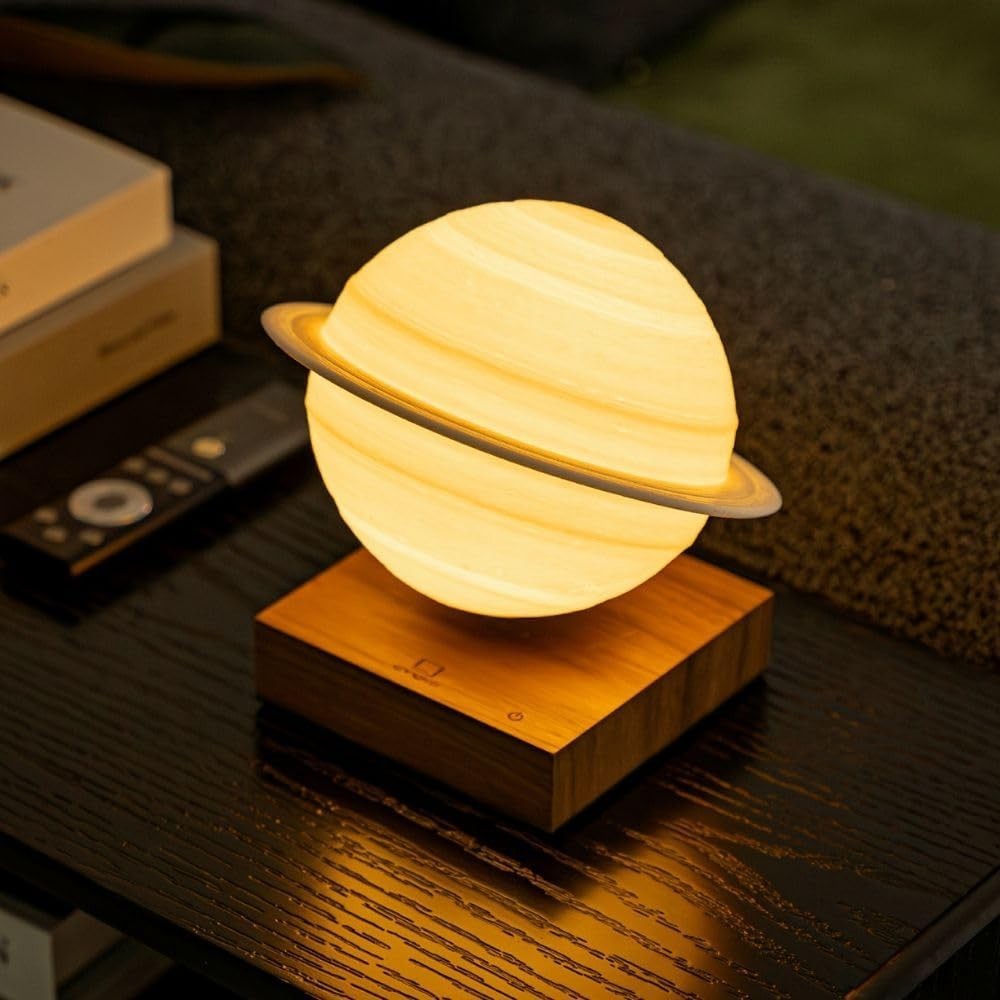 Levitating Saturn Lamp Walnut Wood Base 3D Printed Floating Night Light