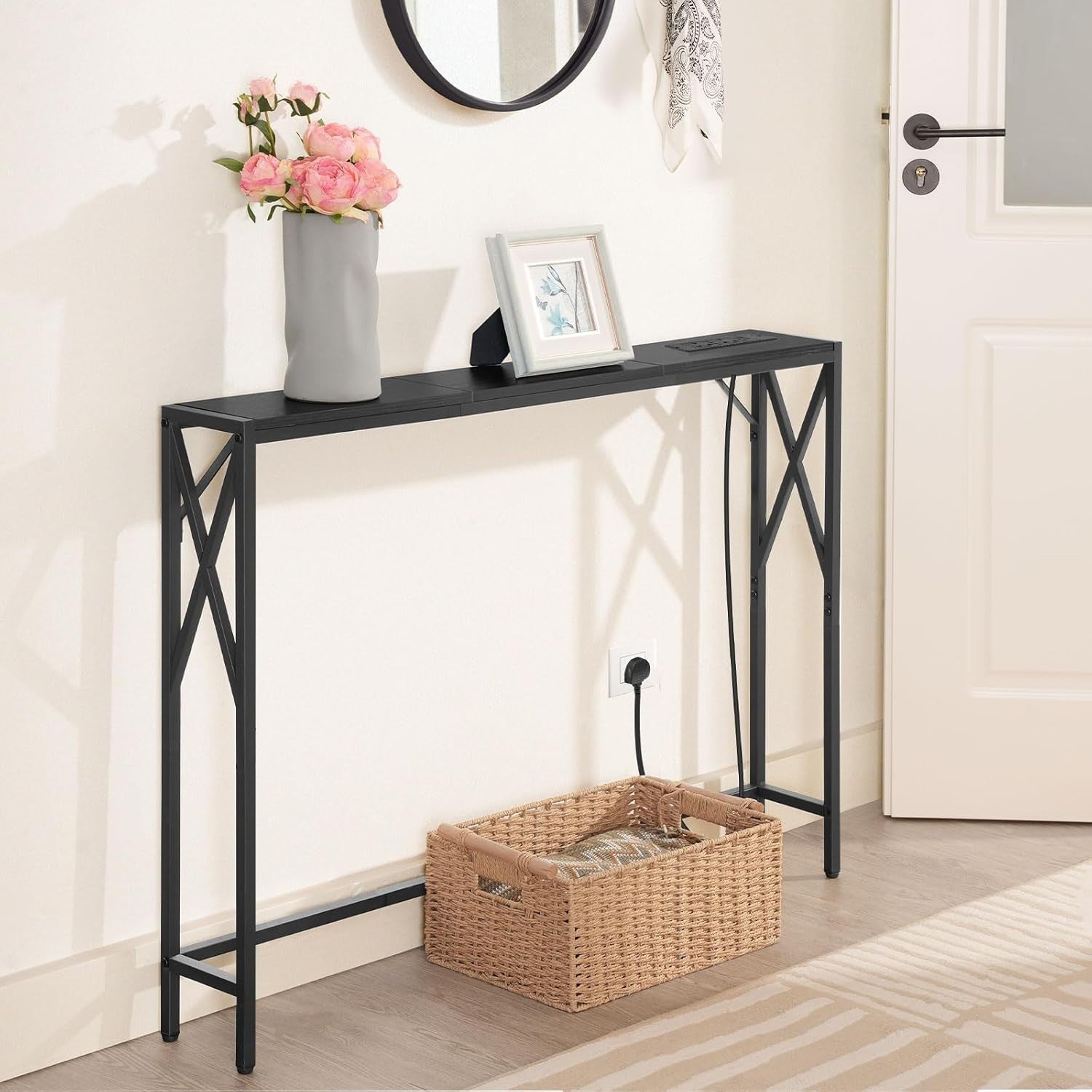 Narrow Console Table with USB Charging Ports – 100cm Slim Hallway Desk