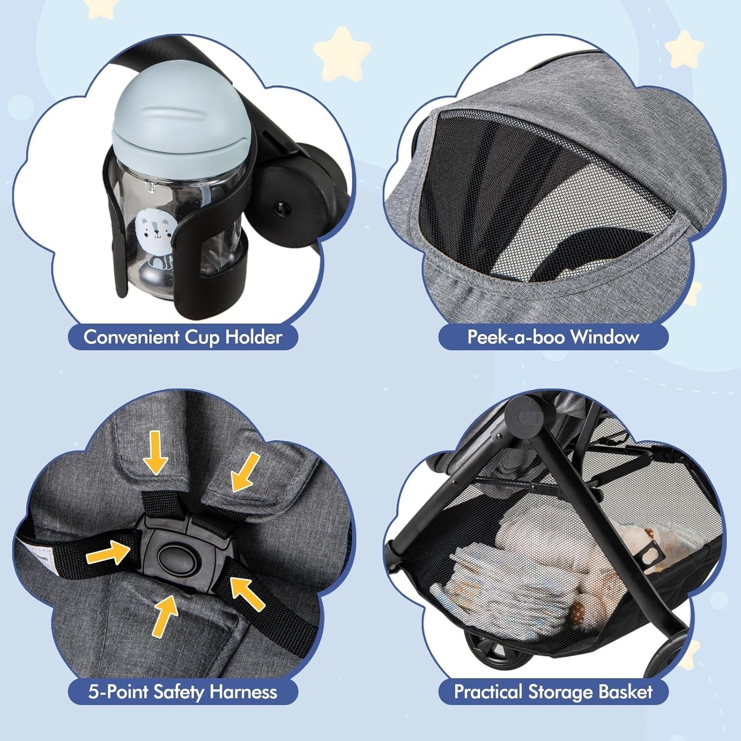 2 in 1 Baby Pushchair Travel Foldable Lightweight Reversible Stroller Grey