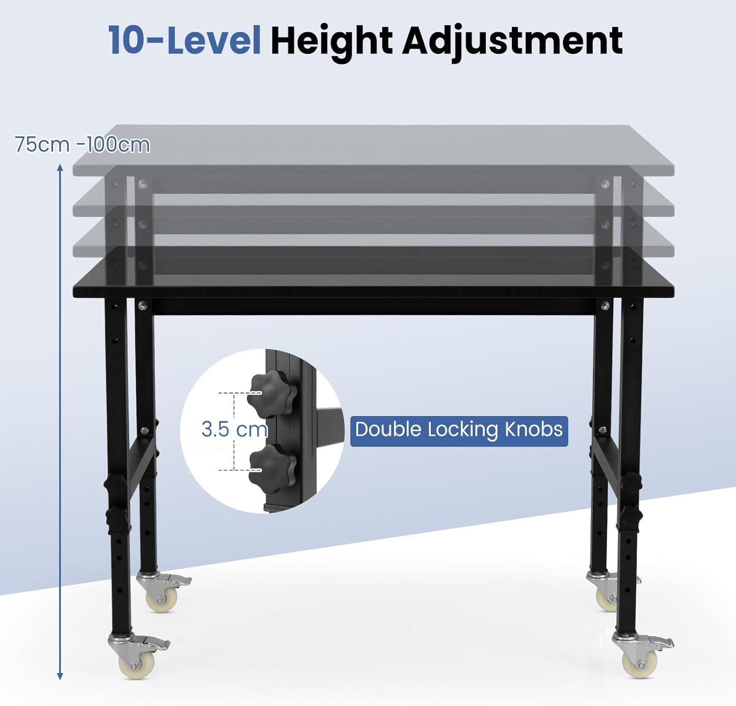Adjustable Rolling Workbench Bamboo Top 500kg Heavy Duty 120x60 Locking Wheels