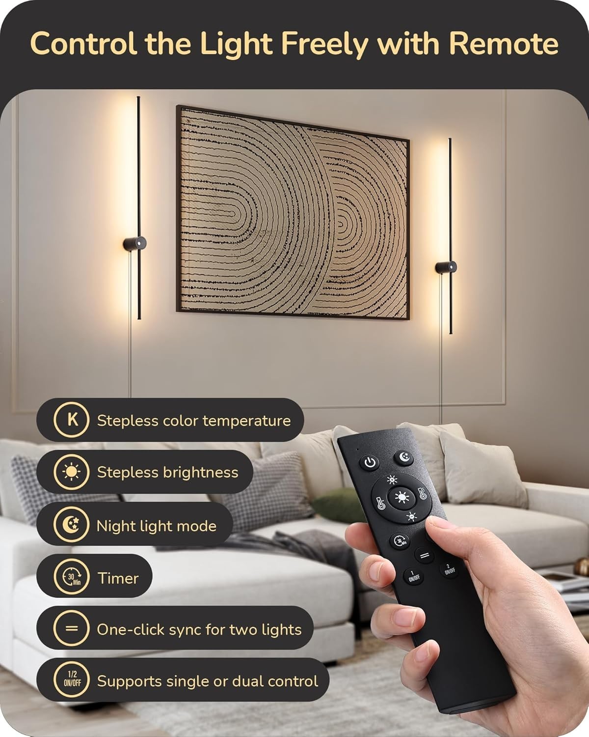Modern Plug In Wall Sconce Lights Set 2 Remote 350° Rotate LED Dimmable