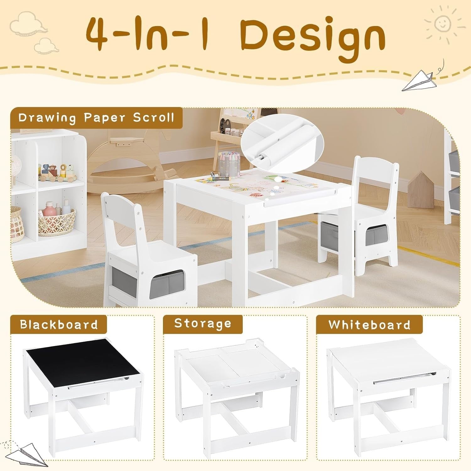 3-in-1 Kids Table & Chair Set with Storage Boxes, Space-Saving Bench