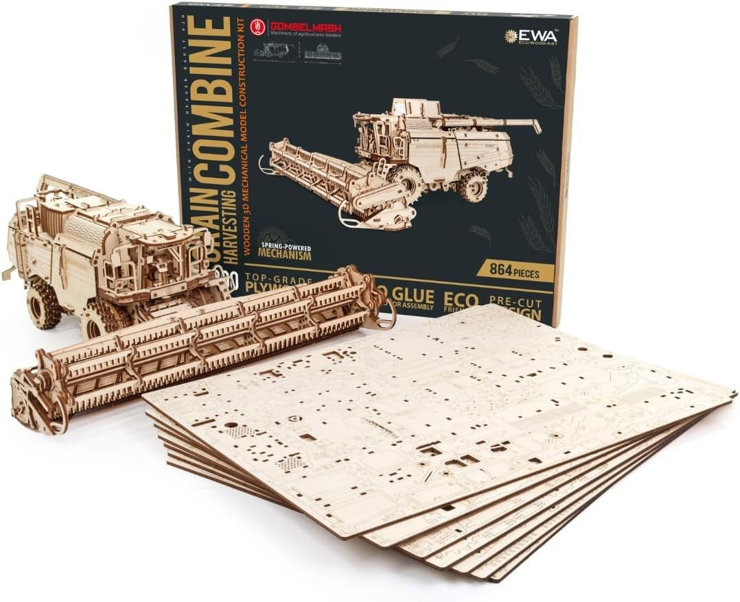 3D Wooden Grain Harvester Puzzle DIY Kit - 864 Pieces, No Glue Needed