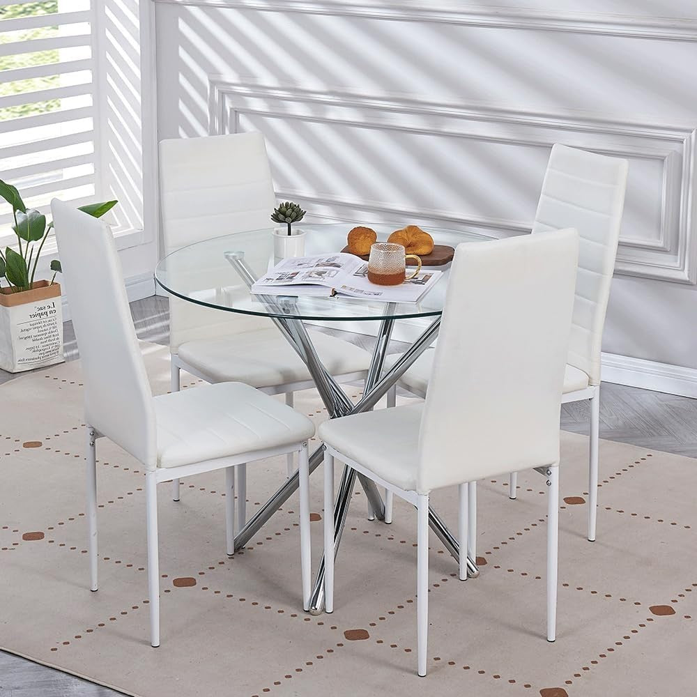 Round Glass Dining Table Set 4 Seater 90cm Silver White Faux Leather