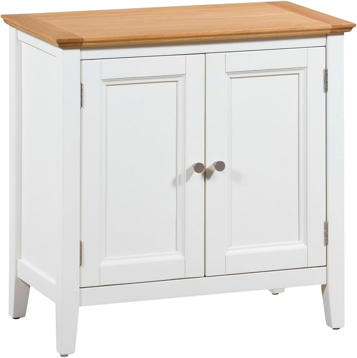 Small White Wooden Storage Cabinet with Oak Top Cupboard for Hallway