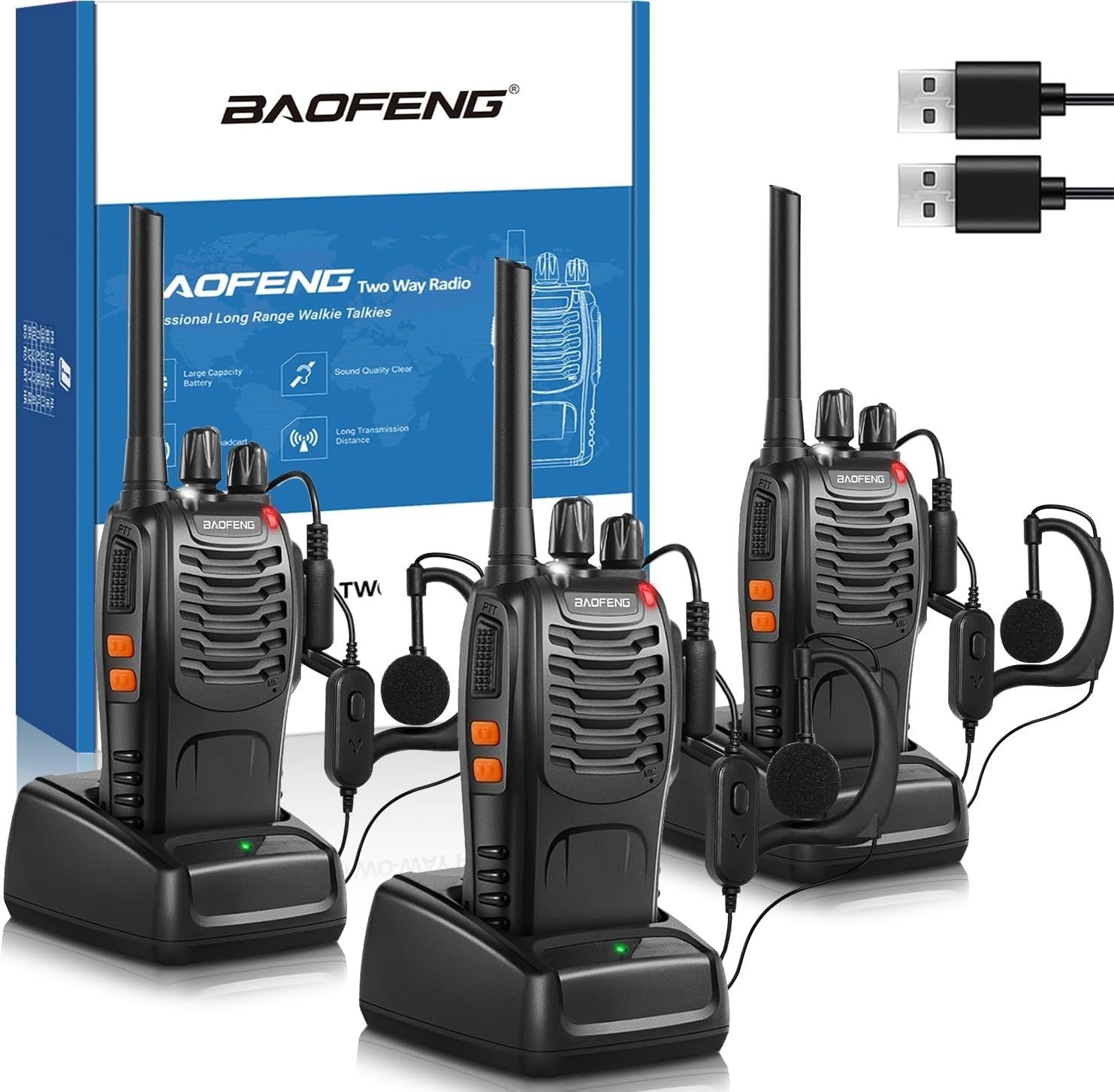 Long Range Walkie Talkies 3 Pack VOX Rechargeable 16CH w Earpieces