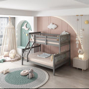 Kids Grey Bunk Bed 3FT Single Over 4FT6 Double Wooden Trio Bed Frame