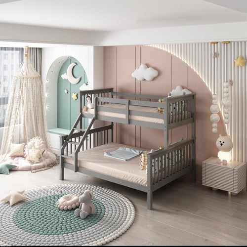Kids Grey Bunk Bed 3FT Single Over 4FT6 Double Wooden Trio Bed Frame