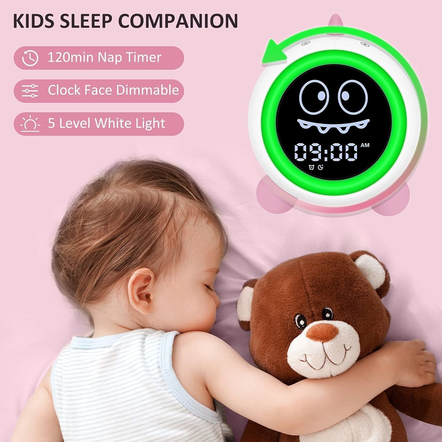 Toddler Sleep Training Clock with Night Light & Sound Machine Pink