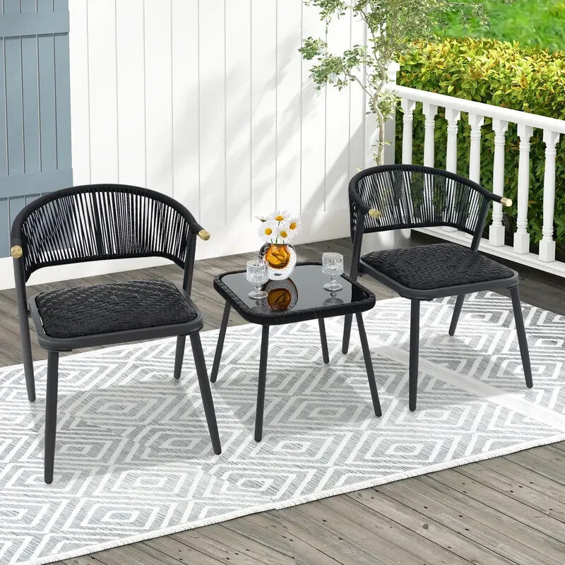 3pc Rattan Garden Bistro Set Black Chairs & Glass Coffee Table Patio Set