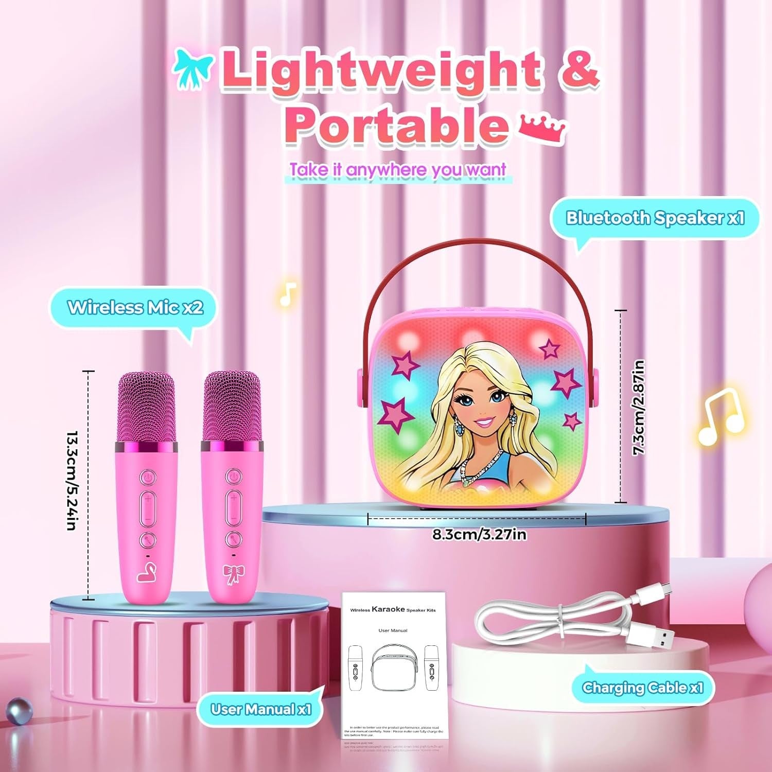 Mini Karaoke Machine Kids Bluetooth Speaker 2 Mics Pink Princess