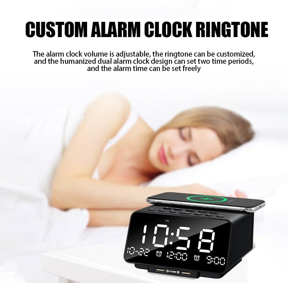 Bluetooth Alarm Clock Radio Wireless Charging LED Night Light USB FM Speaker