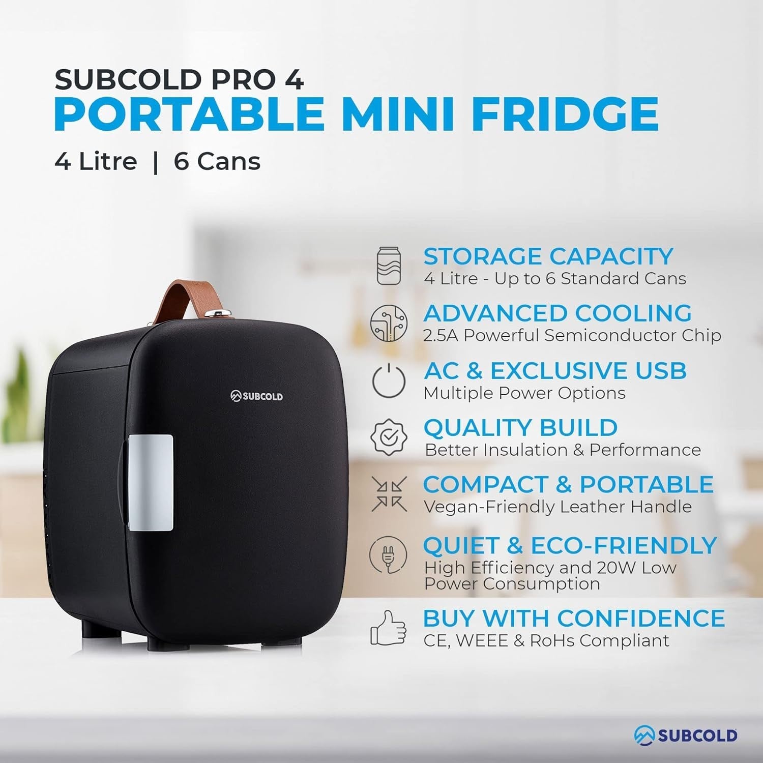 Portable 4L Mini Fridge Small Cooler for Office Bedroom Car Travel Black